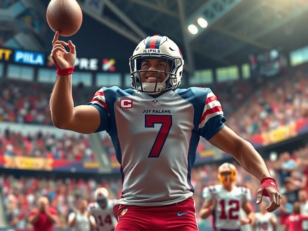 Professional football player expressing confidence, photorealistic, high quality, in a stadium with cheering fans