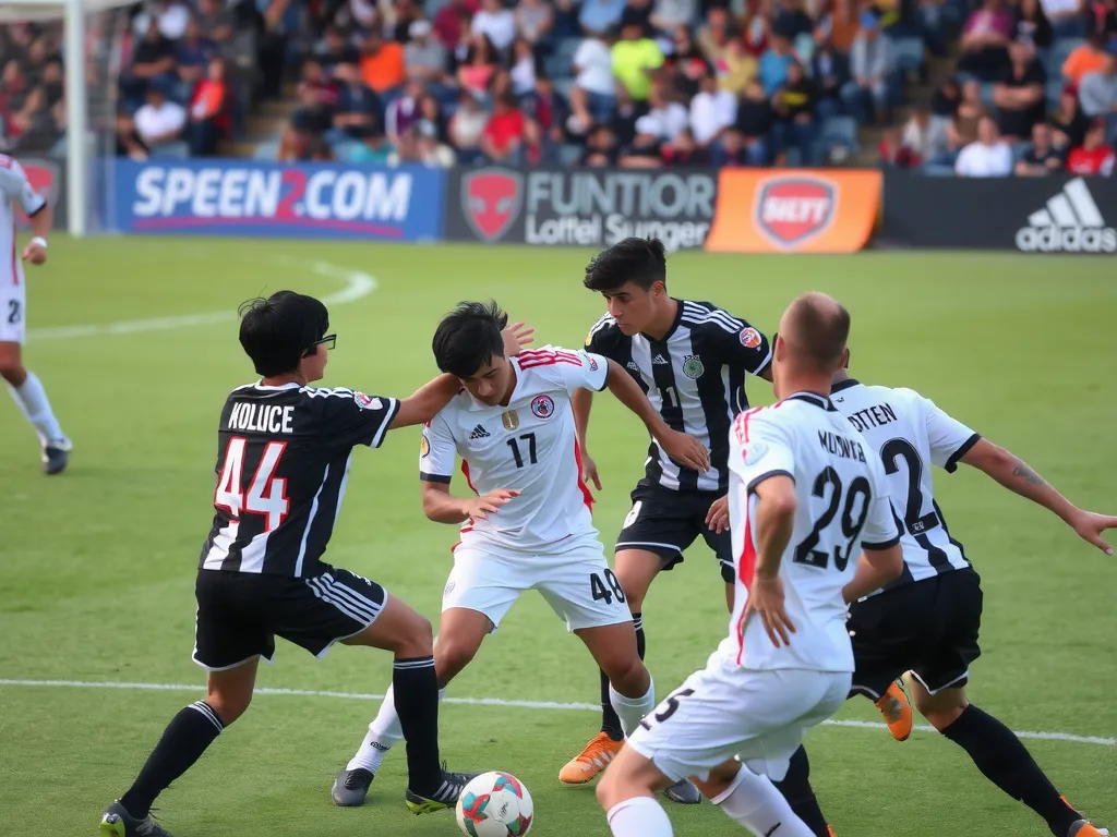 Football pitch with players in white and black jerseys battling for the ball, symbolizing rivalry and competition, action shot, intense atmosphere