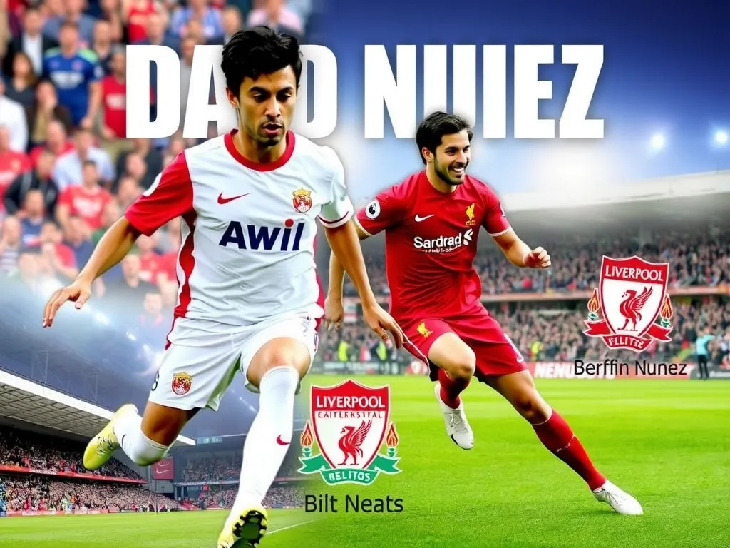 Historical collage showing Darwin Nunez playing for Benfica and Liverpool, highlighting his journey and achievements, high quality, smooth blending of images