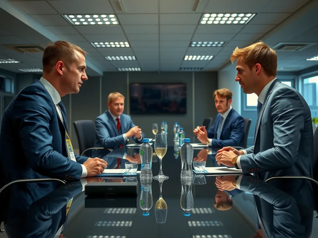 Imaginary transfer news conference scene with football agents discussing potential deals, modern office setting, professional attire