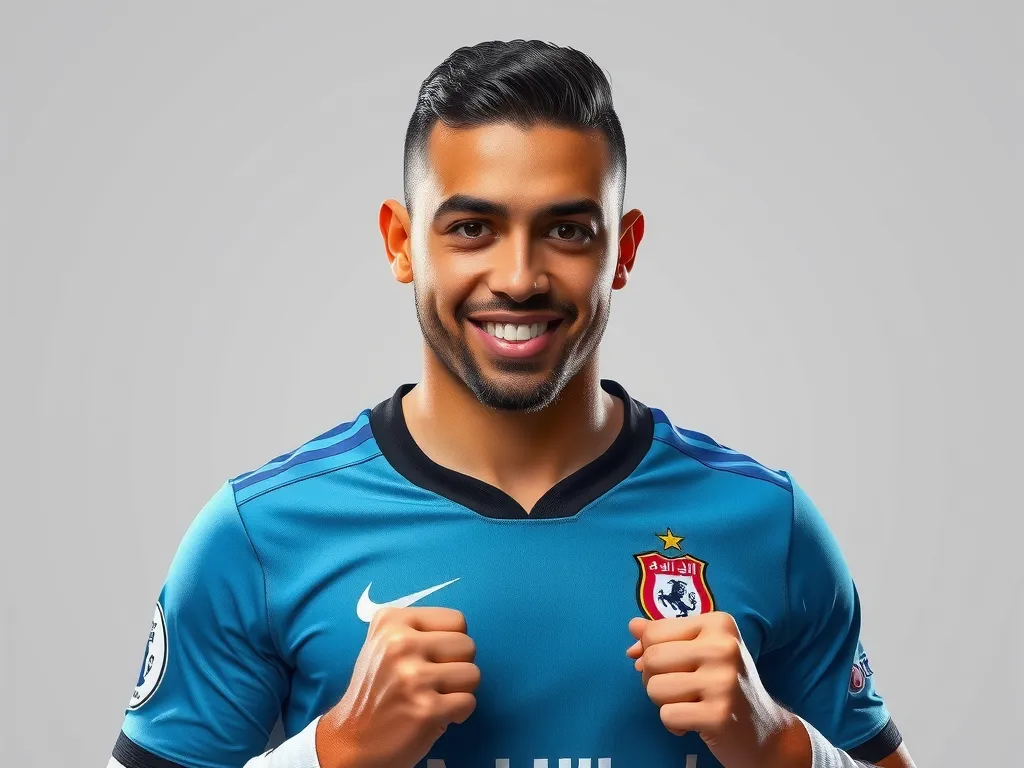 Professional portrait of Darwin Nunez in Al-Hilal jersey, showing determination and confidence, photorealistic, detailed lighting, neutral background