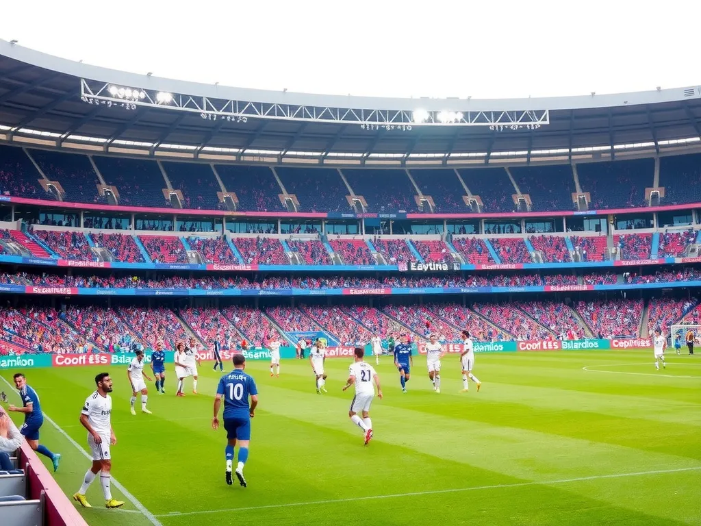 Estadio Balaidos during a lively football match, featuring players from Real Madrid and Celta Vigo on the field, vibrant atmosphere, detailed and dynamic