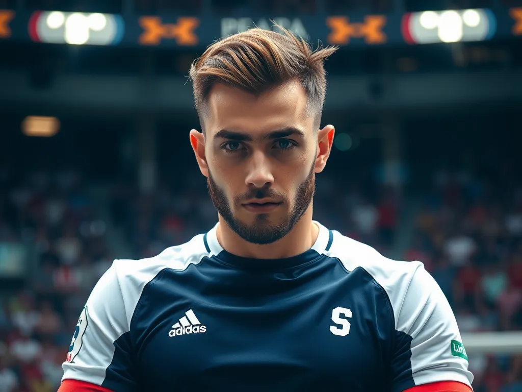 Portrait of Dani Carvajal looking steadfast and confident, professional sports setting, photorealistic, focused expression