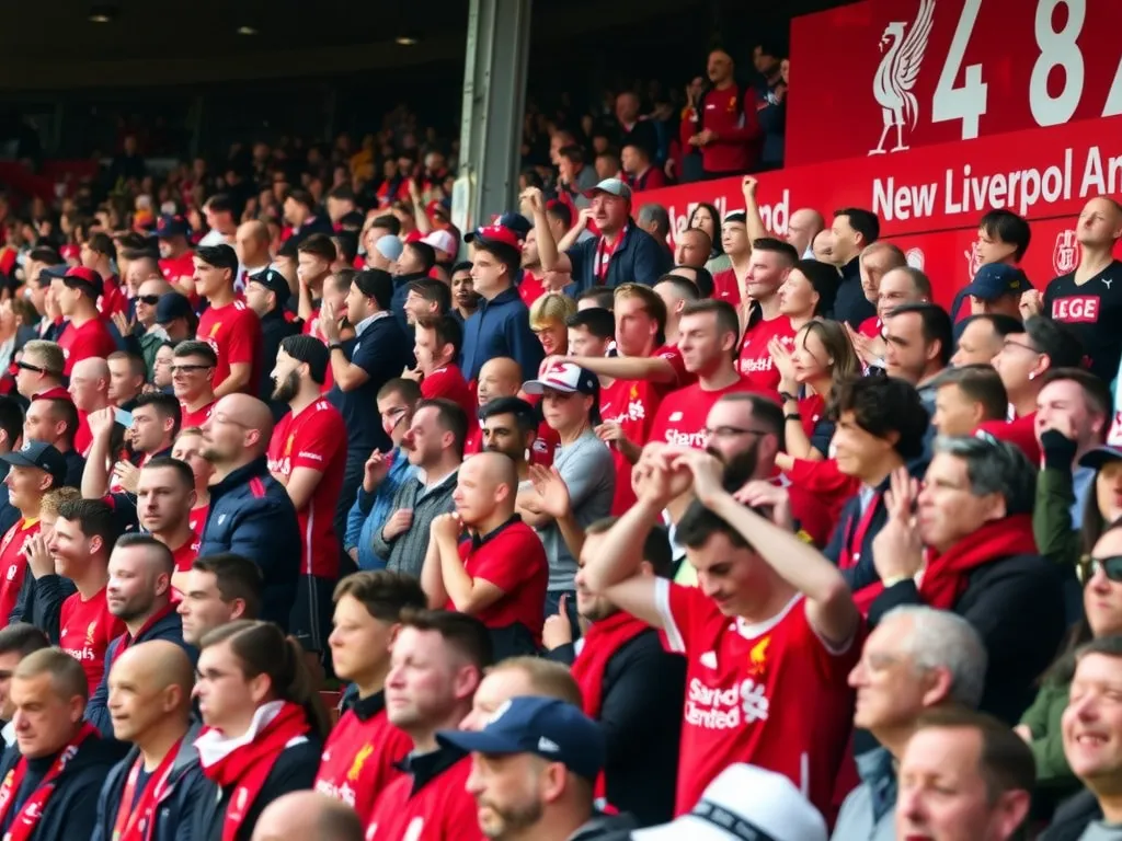 Liverpool fans at Anfield, enthusiastic crowd showing interest in new defensive signings, dynamic and vivid scene