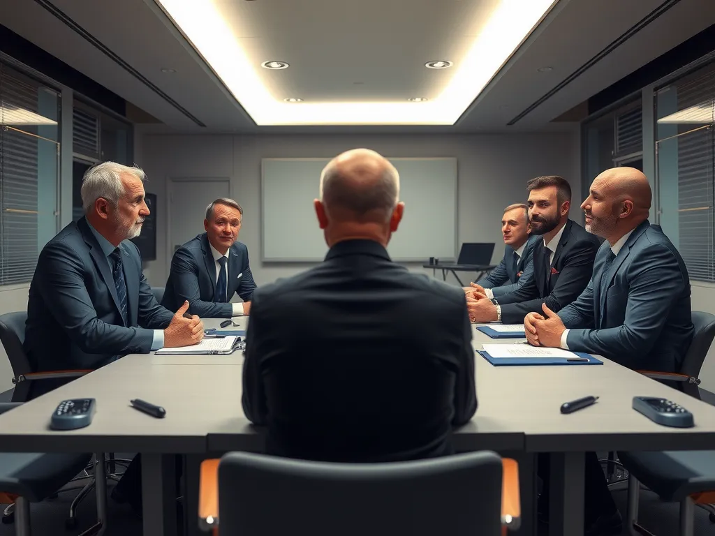 Real Madrid management board meeting discussing player transfers, strategic atmosphere, professional setting, realistic lighting