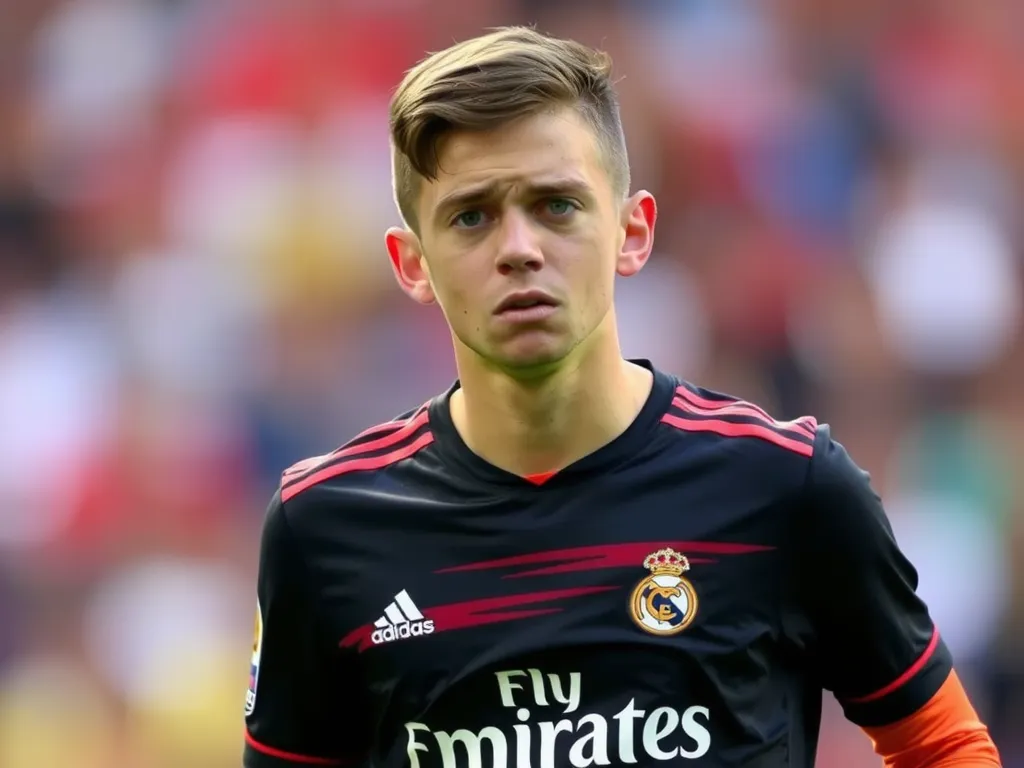 Young football player appearing anxious in Real Madrid kit, detailed expression, professional photography, sports context