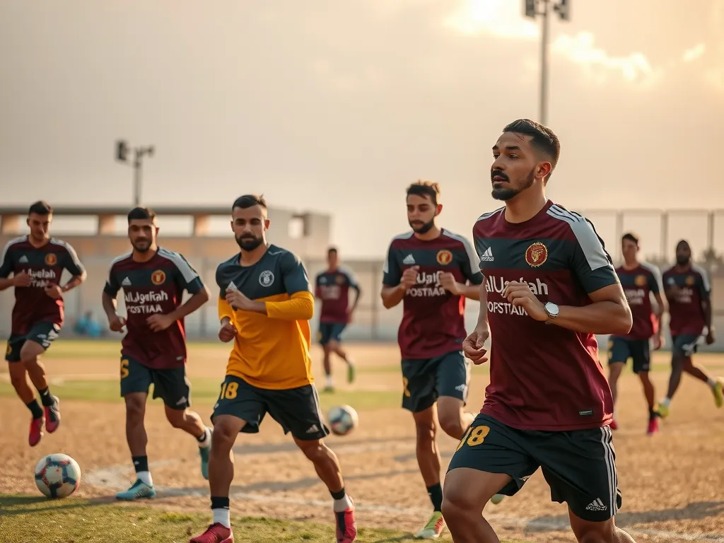 Dynamic scene of multiple football players from Al Qadisiyah training intensely, showcasing fitness and teamwork, detailed sports photography, morning light, outdoor training ground.