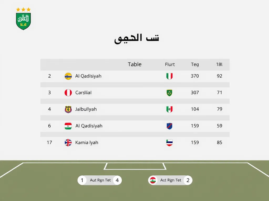 Illustration of a sports league table with Al Qadisiyah in fourth place, creative minimalistic style, showing rankings and team icons.