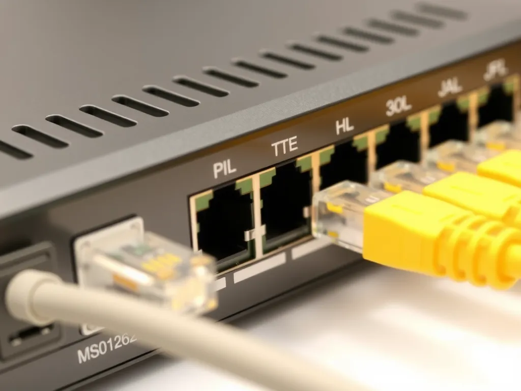 Close-up of a high-speed internet modem with Ethernet cables, showing strong connectivity, detailed, professional lighting