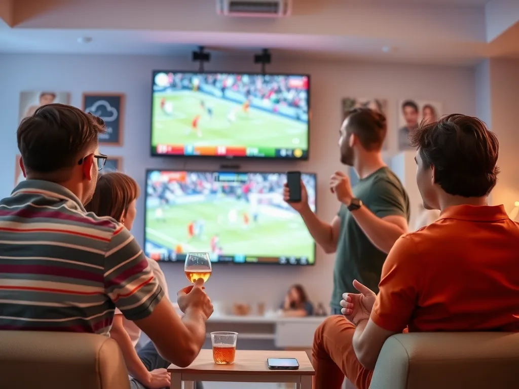 A group of friends watching a game together on a large screen, engaging socially, comfortable environment, vibrant colors