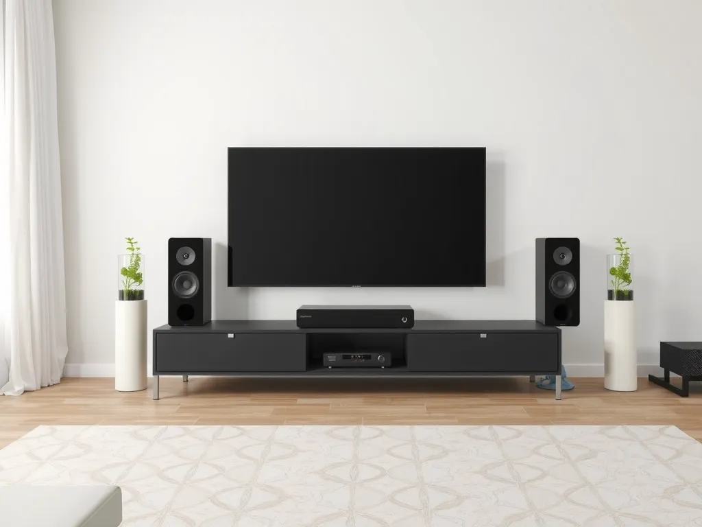 A professional soundbar and home theater system setup in a modern living room, emphasizing sound quality, minimalistic design